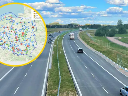 Mapa Polski z zaznaczonymi fotoradarami na S7 i innych drogach. Autostrada z samochodami w tle.