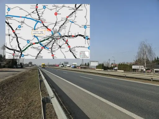 Mapa przedstawia przebieg trasy S7 od Czosnowa do Kielpina, z zaznaczonymi miastami i drogami. Widok z drogi szybkiego ruchu.
