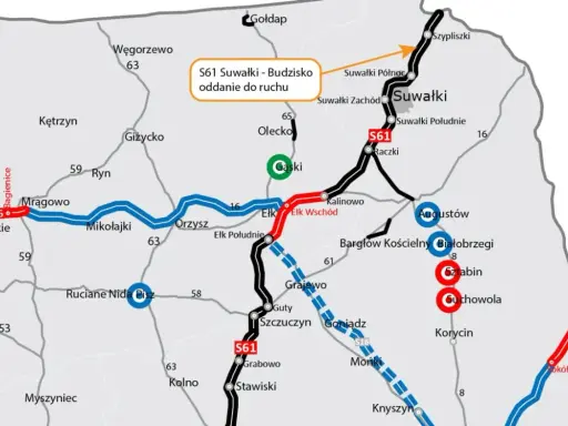 Mapa drogowa z zaznaczoną trasą S61. Widoczne miasta: Suwałki, Augustów, Ełk, Mrągowo. Oznaczenia odcinków dróg i miejscowości.