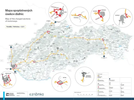 Mapa Słowacji z zaznaczonymi płatnymi odcinkami autostrad. Unikaj mandatu za brak winiety słowacja, sprawdzając trasę.