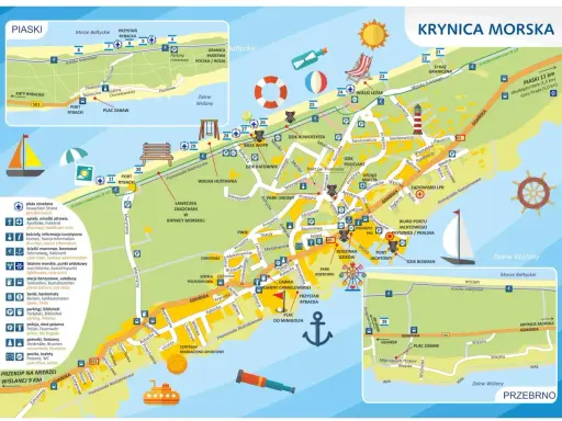 Mapa Krynicy Morskiej i okolic, pokazująca trasę do Krynicy Morskiej, plaże, porty, atrakcje turystyczne i drogi.