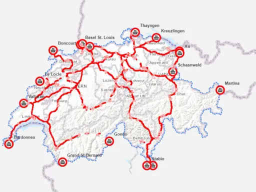 Mapa tras przejazd przez Szwajcarię z zaznaczonymi punktami granicznymi i miastami.