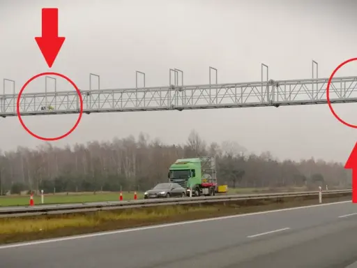 Fotoradar A2 Konin. Dwa urządzenia nad autostradą, jedno z nich z pracownikiem.