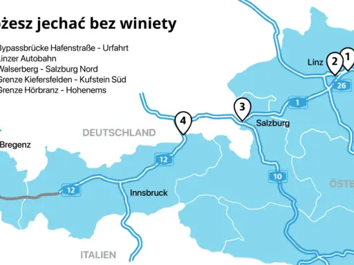 Mapa pokazuje trasy bez winiety w Austrii, w tym tunele i autostrady w okolicach Salzburga i Innsbrucka.
