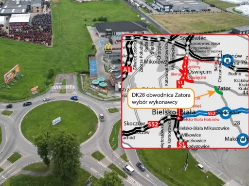 Mapa drogowa z zaznaczoną trasą DK28 obwodnica Zatora. Widoczny węzeł drogowy i McDonald's.