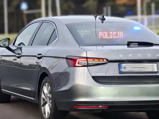 Szary, nieoznakowany radiowóz Skoda Superb z włączonymi niebieskimi światłami i napisem "POLICJA" na tylnej szybie.