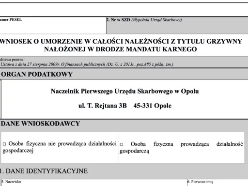 Wniosek o umorzenie należności z tytułu grzywny nałożonej w drodze mandatu karnego. Dane wnioskodawcy i organu podatkowego.