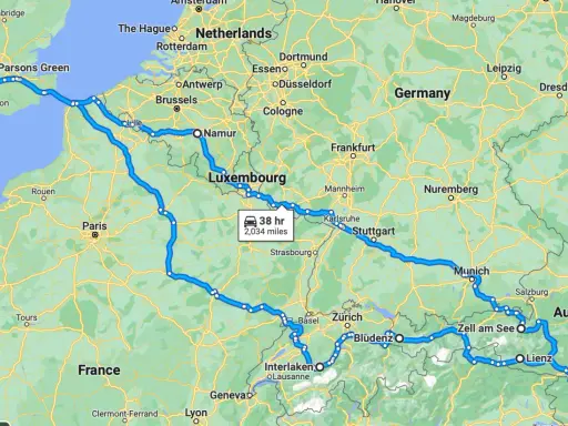 Trasa plan podróży samochodem po Europie: z Londynu przez Francję, Luksemburg, Niemcy, Austrię do Słowenii.
