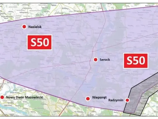 Mapa przedstawia przebieg planowanej trasy S50, zaznaczonej fioletową obwiednią, z kluczowymi punktami jak Nasielsk, Serock, Wyszków, Nieporęt i Nowy Dwór Mazowiecki.