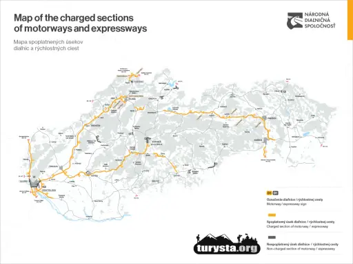 Mapa autostrad i dróg ekspresowych na Słowacji. Zaznaczone są odcinki płatne i bezpłatne.