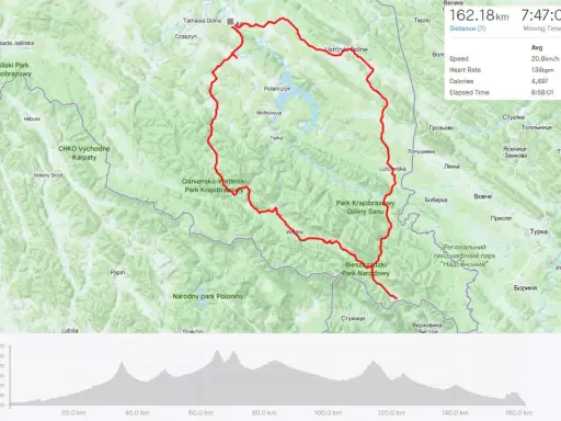 Trasa Google: wielka pętla bieszczadzka, 162 km przez Park Narodowy Bieszczadzki i krajobrazowe.