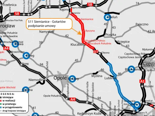 Mapa drogowa z zaznaczoną drogą krajową S11 Siemianice - Gotartów, w realizacji.