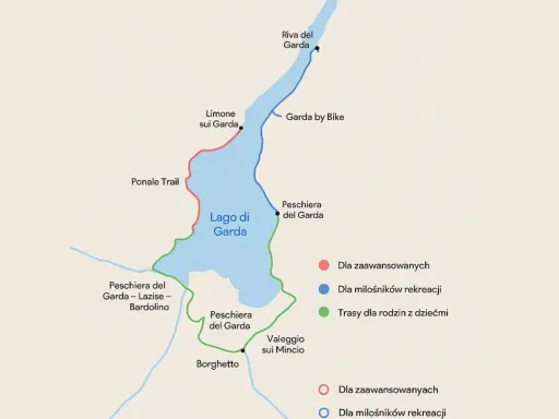 Mapa tras rowerowych wokół jeziora Garda. Różne kolory oznaczają trasy dla zaawansowanych, rekreacyjne i rodzinne.