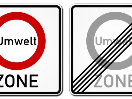 Znaki drogowe w Niemczech: wjazd do strefy ekologicznej (UmweltZONE) i jej koniec.
