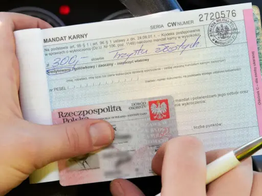 Mandat karny za niezachowanie bezpiecznej odległości. Kwota 300 zł, wystawiony przez policję.