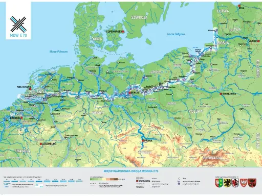 Międzynarodowa droga wodna E70 łączy Europę od Morza Północnego po Morze Bałtyckie, przecinając Holandię, Niemcy, Polskę i Czechy.