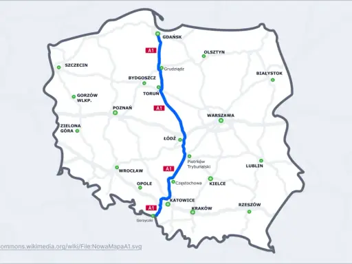 Mapa Polski z zaznaczoną trasą A1, łączącą Gdańsk z Gorzyczkami. Widoczne główne miasta i inne drogi ekspresowe.