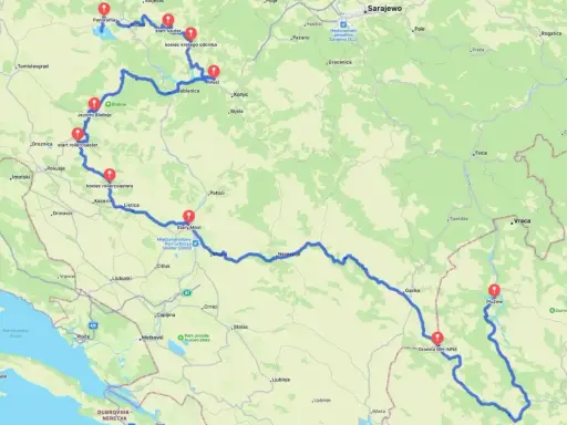 Trasa **samochodem do Czarnogóry** przez Bośnię i Hercegowinę, z zaznaczonymi punktami: Jezioro Blidinje, Mostar, a dalej w kierunku Plužine.