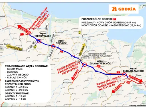 Mapa drogowa z zaznaczonymi węzłami drogowymi i odcinkami S7. Widoczna droga krajowa 7 oraz węzły Cedry Małe, Dworek, Żuławy Wschód i Elbląg Zachód.