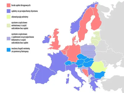 Mapa pokazuje systemy opłat na drogach szybkiego ruchu w Europie. Różne kolory oznaczają brak opłat, winiety, opłaty za dystans lub systemy mieszane.