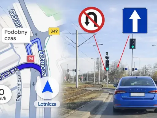Nawigacja pokazuje trasę, a znaki i sygnalizacja świetlna ostrzegają przed mandatem za zawracanie na zakazie.