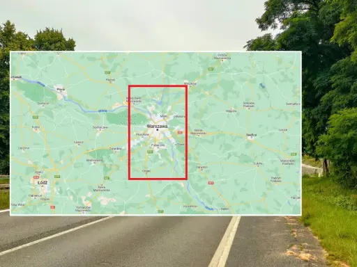 Mapa drogowa z zaznaczoną Warszawą i okolicami, w tym drogą S79.