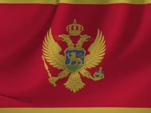 Flaga Czarnogóry, skrót państwa MNE, z dwugłowym orłem i tarczą.