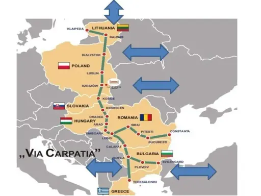 Mapa pokazuje trasę Via Carpatia, łączącą kraje od Litwy przez Polskę, Słowację, Węgry, Rumunię, Bułgarię aż po Grecję.