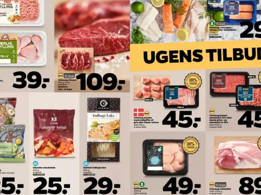 Mięso i ryby w Danii: mielone mięso od 39 zł, łosoś w cieście 29 zł, szaszłyki z kurczaka 25 zł.