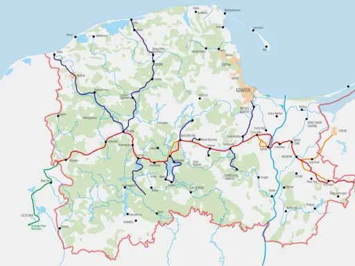 Mapa kolejowa Pomorza z zaznaczoną trasą Bytów - Kościerzyna - Tczew.
