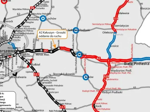 Mapa drogowa z zaznaczonymi trasami A2 i S19, pokazująca postęp prac. Dobre jedzenie na trasie Łódź-Gdańsk czeka po drodze!