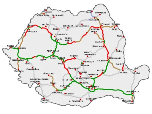 Mapa Rumunii z zaznaczonymi drogami. Czerwone odcinki mogą oznaczać problemy, np. karę za brak winiety.