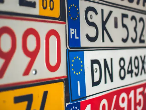 Stos tablic rejestracyjnych państw UE, w tym PL, SK, DN.