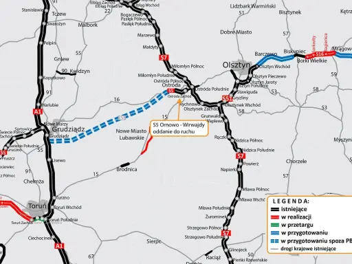 Mapa drogowa z zaznaczonymi trasami, w tym drogą S5 Ornowo-Wirwajdy oddaną do ruchu, z widocznym Olsztynem.