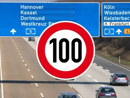 Na autostradzie A9 znak ograniczenia prędkości do 100 km/h i drogowskazy do Hanoweru, Dortmundu, Kolonii i Frankfurtu.