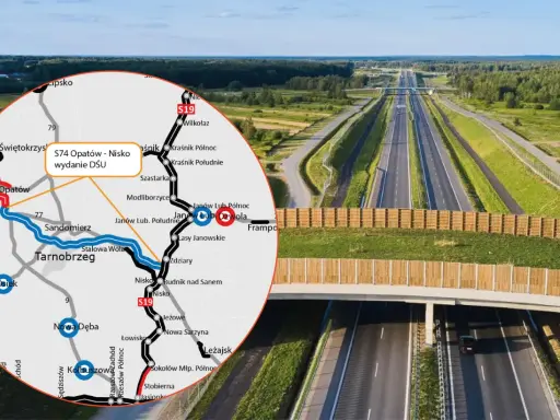 Mapa drogowa S74 Opatów - Nisko, z zaznaczoną trasą i miastami jak Tarnobrzeg, Sandomierz, Opatów. W tle widok na nowoczesną autostradę.