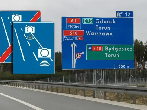 Znaki drogowe na autostradzie: kamery, kierunki do Gdańska, Torunia, Warszawy, Bydgoszczy. Ograniczenie 60 km/h.