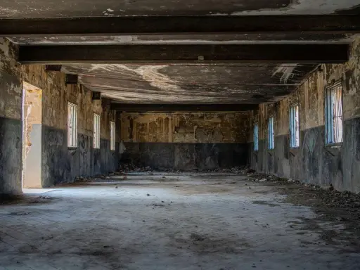 Opuszczony budynek, zniszczone ściany, gruz na podłodze. To miejsce idealne do eksploracji, czyli urbex.