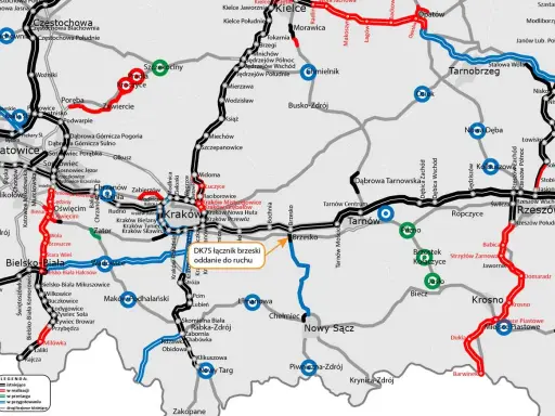 Trasa kolejowa w okolicach Nowego Sącza, z zaznaczonymi odcinkami istniejącymi i w realizacji.