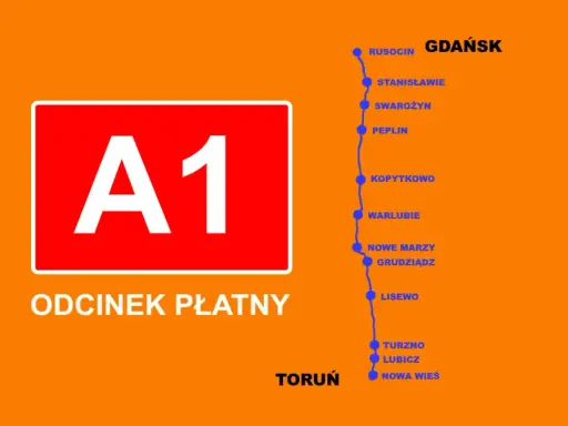 Trasa A1 od Gdańska do Torunia, z zaznaczonymi miejscowościami.