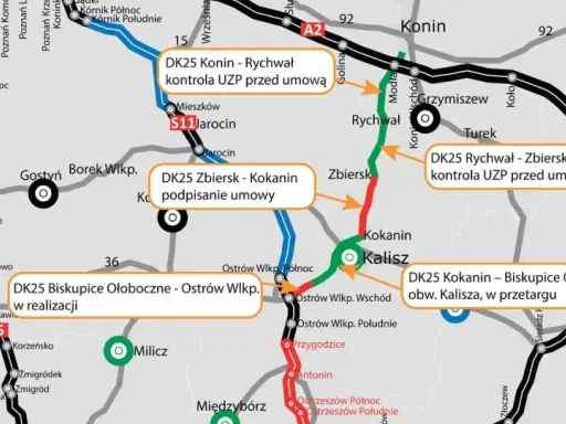 Mapa drogowa z zaznaczonymi odcinkami drogi krajowej 25, m.in. DK25 Konin - Rychwał, DK25 Zbiersk - Kokanin, DK25 Rychwał - Zbiersk.