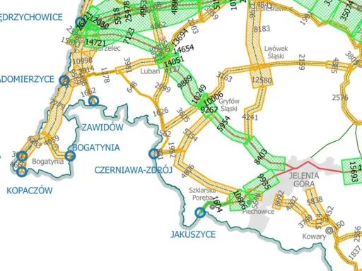 Mapa drogowa z zaznaczonymi miejscowościami i numerami dróg, w tym fragment trasy S5.