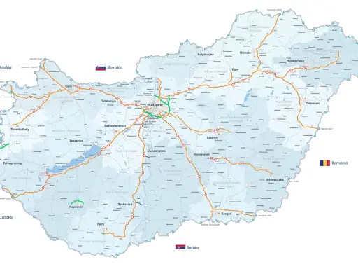 Mapa dróg Węgier z zaznaczonymi głównymi trasami i miastami. Planujesz podróż po Węgrzech? Ta mapa pomoże Ci zaplanować trasę.
