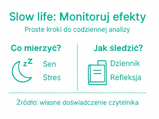 Slow life: Monitoruj efekty. Co mierzyć? Sen, stres. Jak śledzić? Dziennik, refleksja. Proste kroki do analizy.