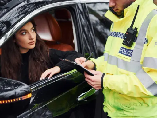 Policjant spisuje mandat młodej kobiecie w samochodzie. Pamiętaj, czego nie robić na Węgrzech, by uniknąć takich sytuacji.