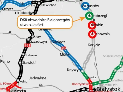 Mapa drogowa z zaznaczoną trasą S61 i DK8 obwodnicą Białobrzegów. Widoczne miejscowości: Augustów, Ełk, Białystok, Łomża. Trasa Zambrów jest częścią tej sieci.