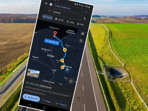 Trasa z Bydgoszczy do Łodzi na mapie Google, czas przejazdu 3h 54 min. W tle droga i krajobraz Polski.