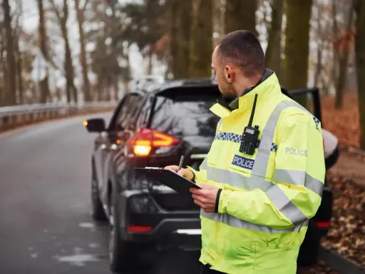 Policjant w odblaskowej kamizelce spisuje notatki przy zatrzymanym samochodzie. Może to być kontrola drogowa lub wystawianie mandatów w Czechach.