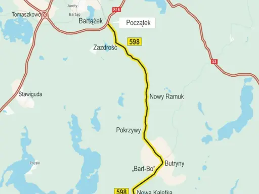 Mapa drogi 598 od Bartążka do Nowej Kaletki, wiodąca przez Zazdrość, Pokrzywy i Butryny. Trasa przebiega w pobliżu jezior, łącząc okolice Ełku i Olsztyna.