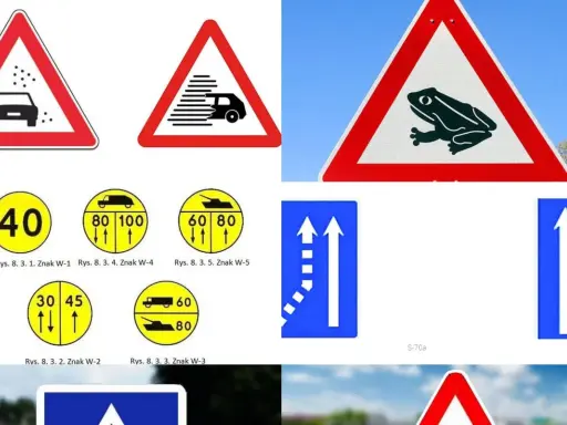 Znaki na autostradzie: ostrzegawcze przed żwirem, mgłą, zwierzętami, ograniczenia prędkości, pasy ruchu i inne.